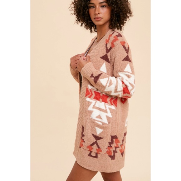 SOLD OUT Sand Multi Color Aztec Tribal Fuzzy Soft Knit Cardigan Sweater - Picture 7 of 11